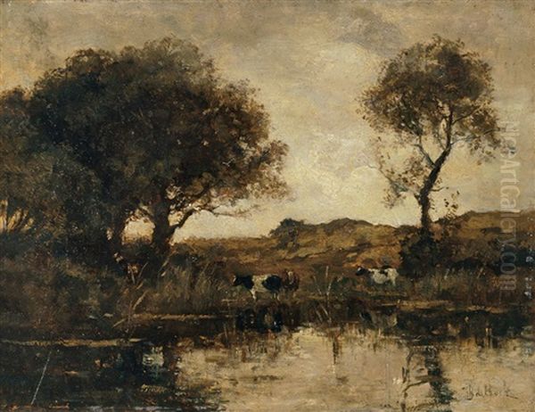 Baumbestandene Weidelandschaft Mit Rindern Am Wasser Oil Painting by Theophile De Bock