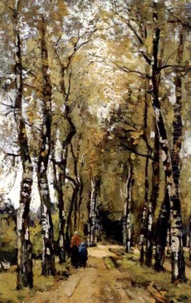 Woman And Child On A Sunlit Woodland Path Oil Painting by Theophile De Bock