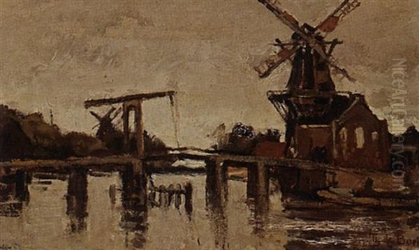 Drawbridge With Windmill De Adriaan, Haarlem Oil Painting by Theophile De Bock