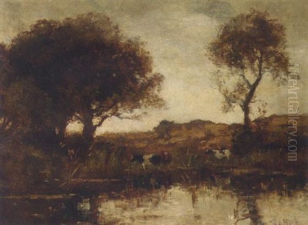 Watering Cows By A Tree-lined Pond by Theophile De Bock