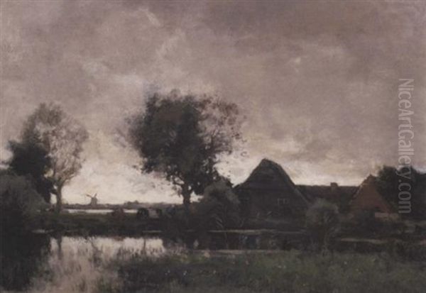 A Polder Landscape With A Farm At Dusk by Theophile De Bock