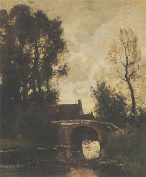 A Figure Crossing A Bridge In A Wooded Landscape Oil Painting by Theophile De Bock