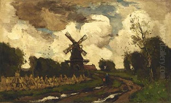 A Windmill In A Stormy Landscape Oil Painting by Theophile De Bock