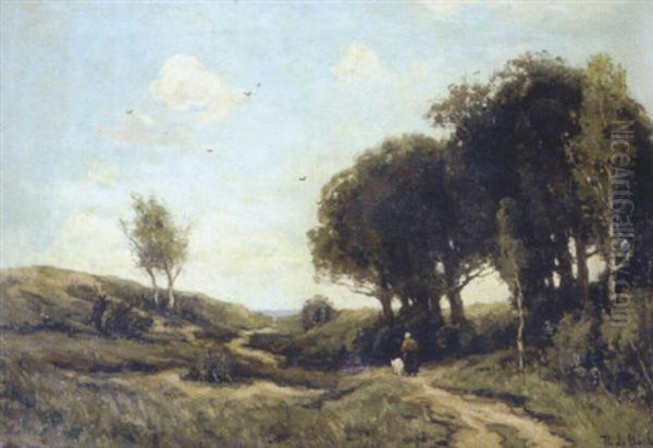 Figure With A Goat On A Sandy Wooded Path Oil Painting by Theophile De Bock