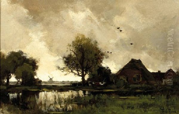 A Stormy Day: A Farm In A Polder Landscape Oil Painting by Theophile De Bock