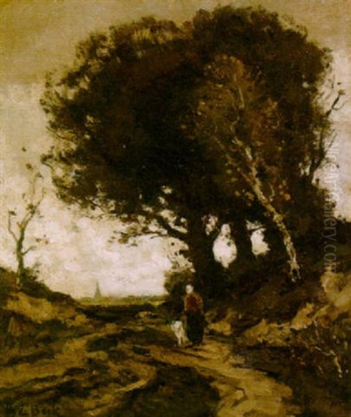 A Woman On A Path Oil Painting by Theophile De Bock