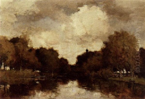 A Wooded River Landscape by Theophile De Bock