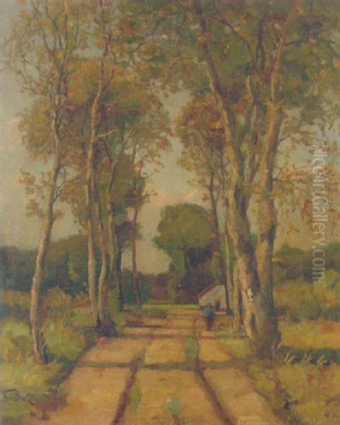 Sandy Trail Allined With Birch Trees Oil Painting by Theophile De Bock