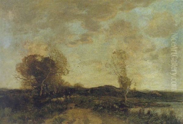 A Shepherd And His Flock By A Lake Oil Painting by Theophile De Bock