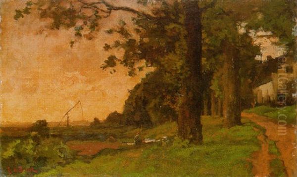 A Peasant In A Meadow At The Edge Of A Wood, A Farm Beyond Oil Painting by Theophile De Bock