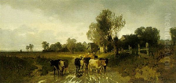 Cows In A Landscape Oil Painting by Theophile De Bock