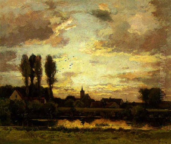 A River Landscape With Village At Sunset Oil Painting by Theophile De Bock