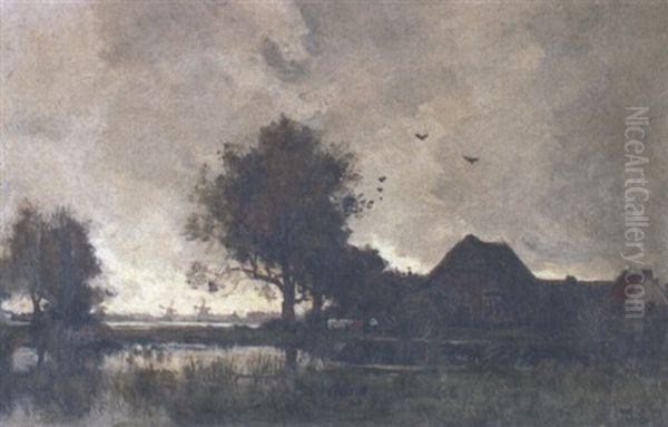 Windmills In Polder Landscape And Cattle By Farm Oil Painting by Theophile De Bock