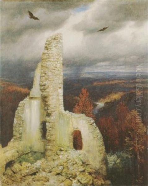 Burgruine Mit Zwei Kreisenden Adlern Oil Painting by Arnold Boecklin