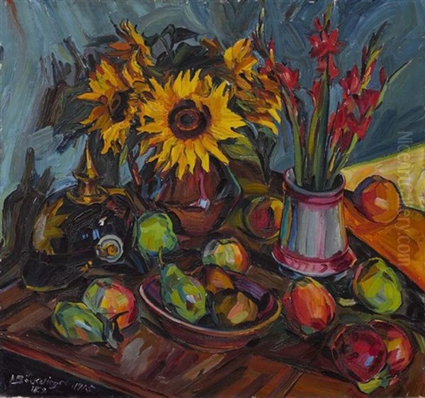 Blumenstillleben Mit Sonnenblumen, Gladiolen Und Pickelhelm by Peter August Boeckstiegel