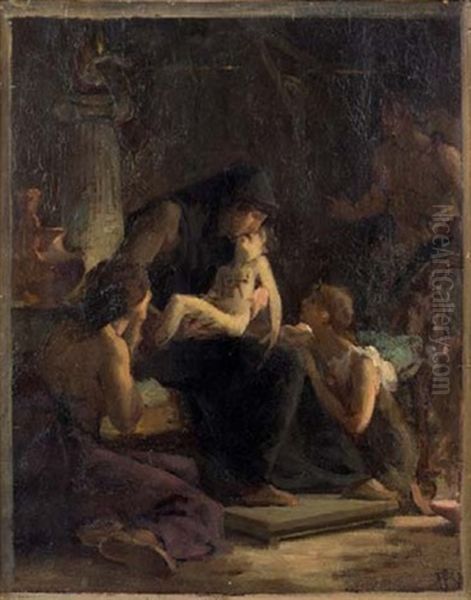 Ceres Rendant La Vie A Un Enfant Esquisse De Faune (+ Ceres Rendant La Vie A Un Enfant, Prix De Rome; Study; Double-sided) Oil Painting by Pierre Bodard