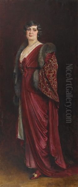 Portrait Of A Lady In Red Dress Oil Painting by Nikolai Kornilievich Bodarevsky