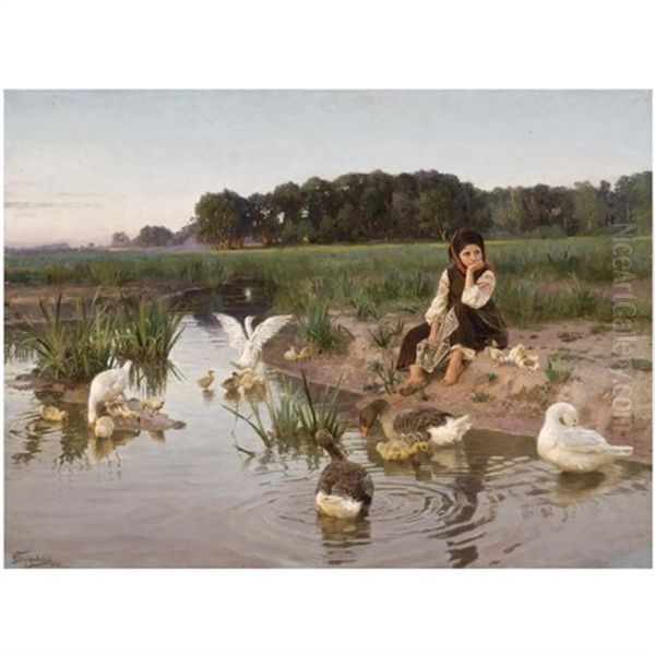 Ukrainian Girl Tending Geese Oil Painting by Nikolai Kornilievich Bodarevsky