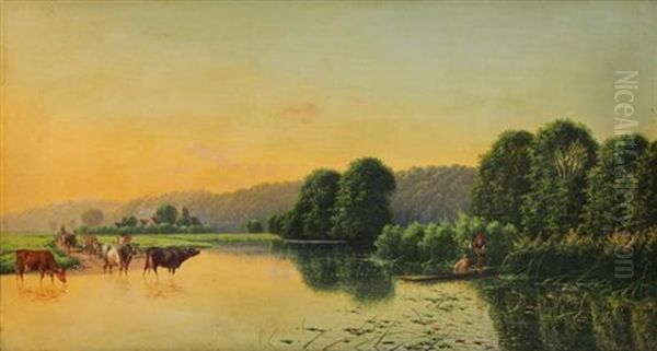 Summer River Scene Oil Painting by Edwin Henry Boddington