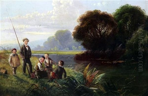 River Scene With Boys Fishing Oil Painting by Edwin Henry Boddington