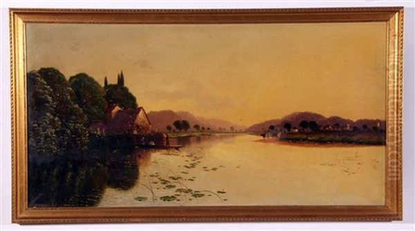 River Scene With Cattle And Figures In A Punt By A Cottage Oil Painting by Edwin Henry Boddington