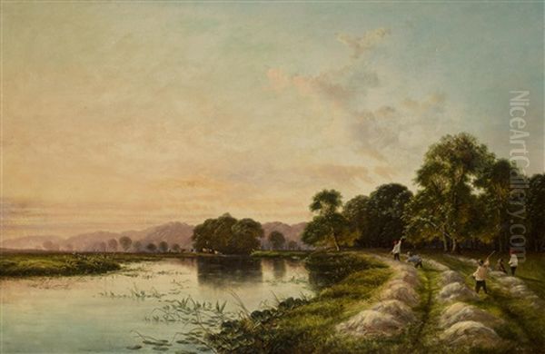 Haymaking By A Lake Oil Painting by Edwin Henry Boddington