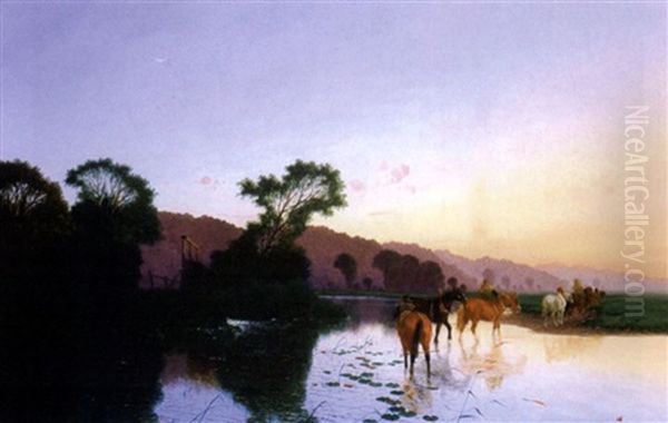 Evening At The Ford (collab. W/william Shayer) Oil Painting by Edwin Henry Boddington