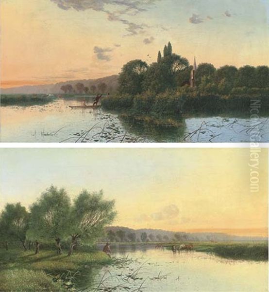 Fishing On A River, With Cattle Beyond (+ Fishing On A River, A Church Beyond; Pair) Oil Painting by Edwin Henry Boddington