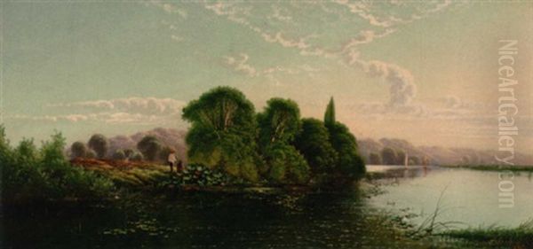 Anglers On A Riverbank On A Summer's Day Oil Painting by Edwin Henry Boddington