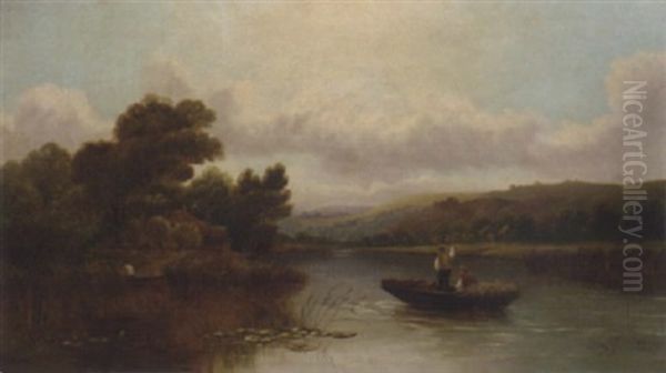 Figures In A Hay Barge In A River Landscape Oil Painting by Edwin Henry Boddington