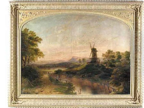 Travelers Along A Roadside Stream With A Windmill In The Distance Oil Painting by Edwin Henry Boddington