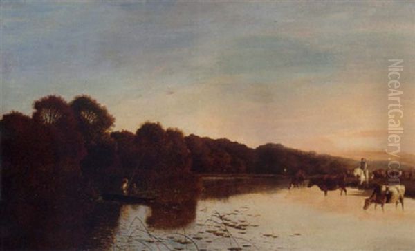 Anglers In A Punt And Cattle Watering On The Bend Of A River Oil Painting by Edwin Henry Boddington