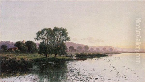 River Scene At Sunset Oil Painting by Edwin Henry Boddington