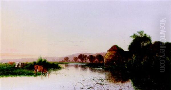 Cattle Watering Near A Mill Oil Painting by Edwin Henry Boddington