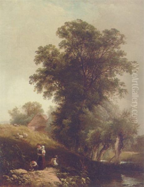 Children Resting In A Wooded River Landscape, A Cottage Beyond by Edwin Henry Boddington