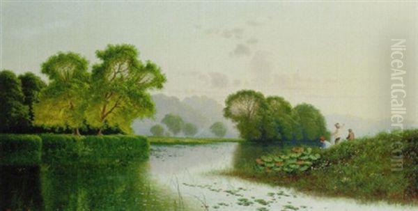 Anglers Fishing In A River Landscape Oil Painting by Edwin Henry Boddington