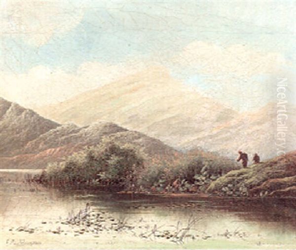 An Extensive Landscape With Figures Fishing From The Banks In The Foreground Oil Painting by Edwin Henry Boddington