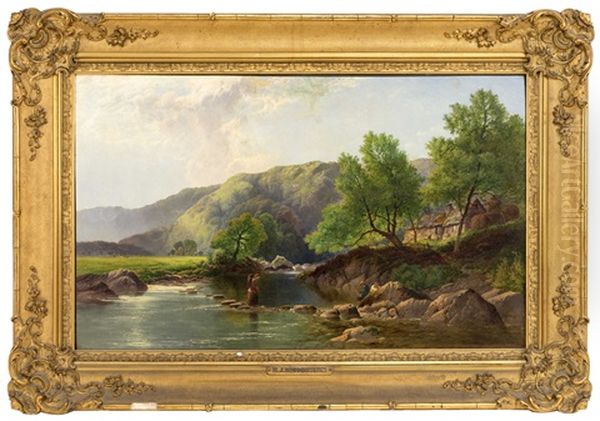 Figures In A Mountainous River Landscape Oil Painting by Henry John Boddington