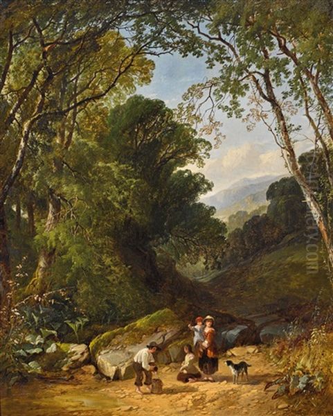 A Wooded Landscape With Children Filling A Pail In The Foreground Oil Painting by Henry John Boddington