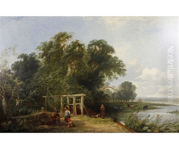 River Landscape With Figures And Dog By Eel Traps Oil Painting by Henry John Boddington