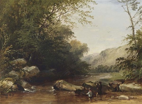 Anglers On A River (+ Gypsy Encampment; 2 Works) Oil Painting by Henry John Boddington