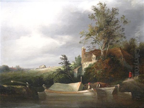 A Canal With Barges Oil Painting by Henry John Boddington