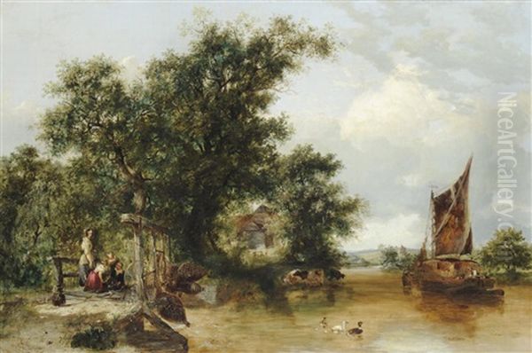 Summer River Landscape With A Mother And Children On A Footbridge, Ducks, Cattle And A Boat Nearby Oil Painting by Henry John Boddington