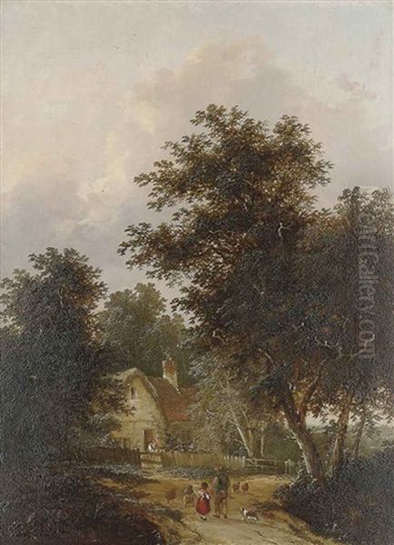 Figures Outside A Cottage (+ Driving Home The Sheep; Pair) Oil Painting by Henry John Boddington