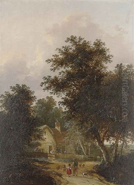 Figures Outside A Cottage (: Driving Home The Sheep; Pair) Oil Painting by Henry John Boddington