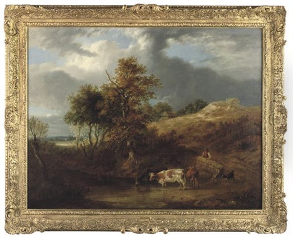 Cattle Watering, The Herder And His Faithful Companion On A Country Road In A Landscape Oil Painting by Henry John Boddington