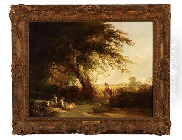 Landscape View With Farmer Seated On A Fence And Children Gathering Hay Oil Painting by Henry John Boddington