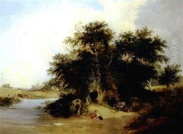 River Scene With Figures Fishing In The Foreground Oil Painting by Henry John Boddington