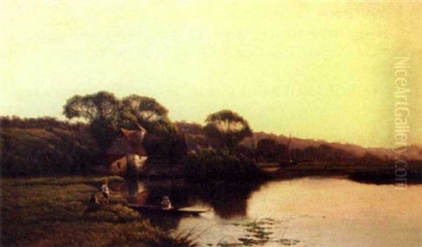 River Landscape With Figures Oil Painting by Henry John Boddington