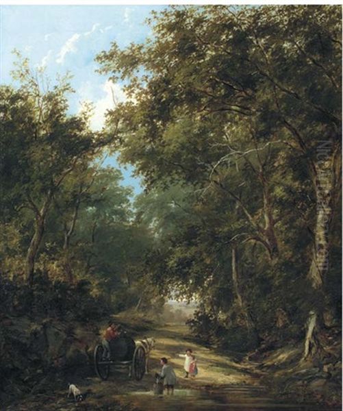 Children Filling A Water Wagon (a Lane Near Sevenoaks?) Oil Painting by Henry John Boddington